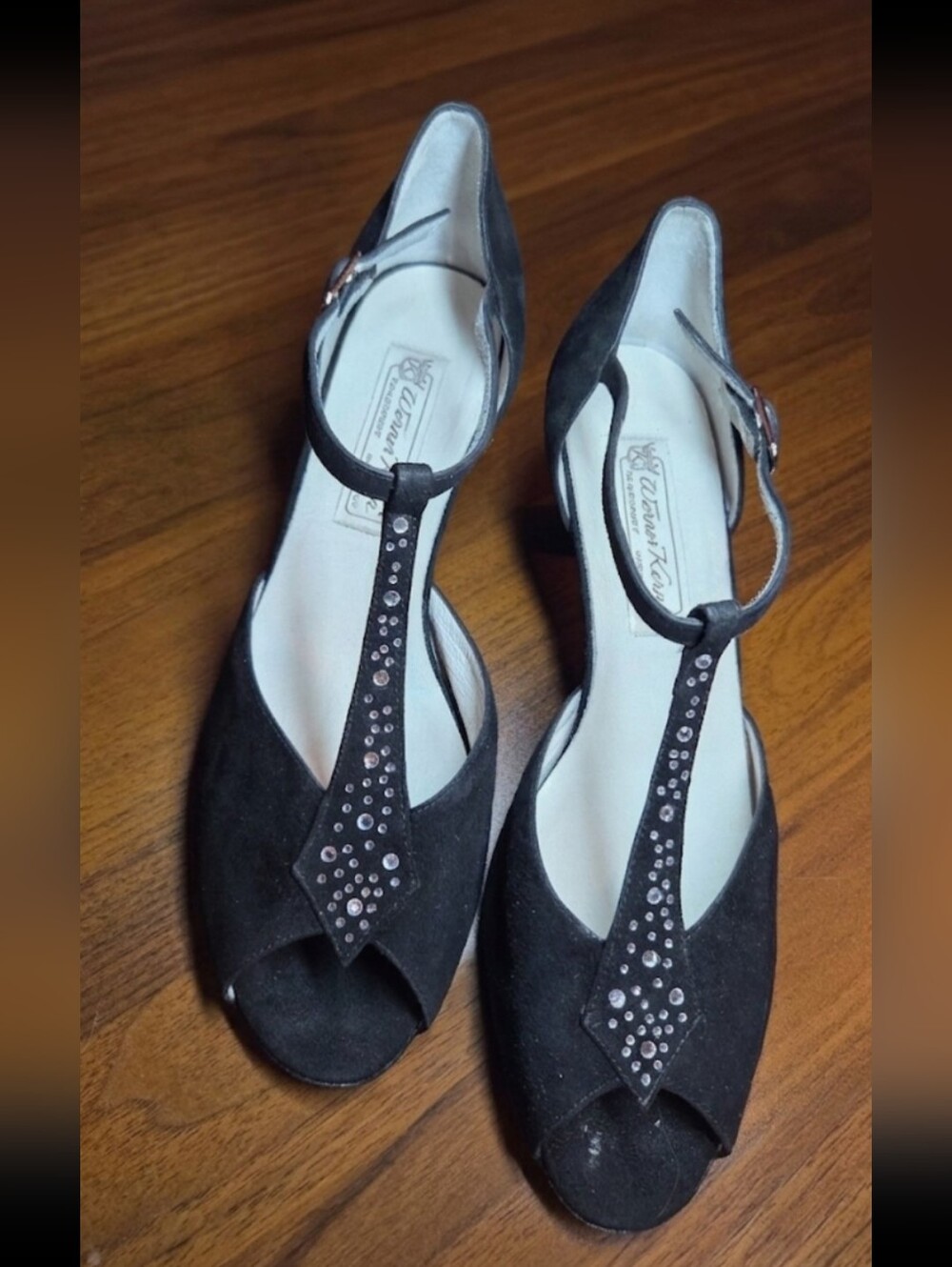 Werner Kern Black Suede T-Strap Rhinestone Ballroom Dance Heels
